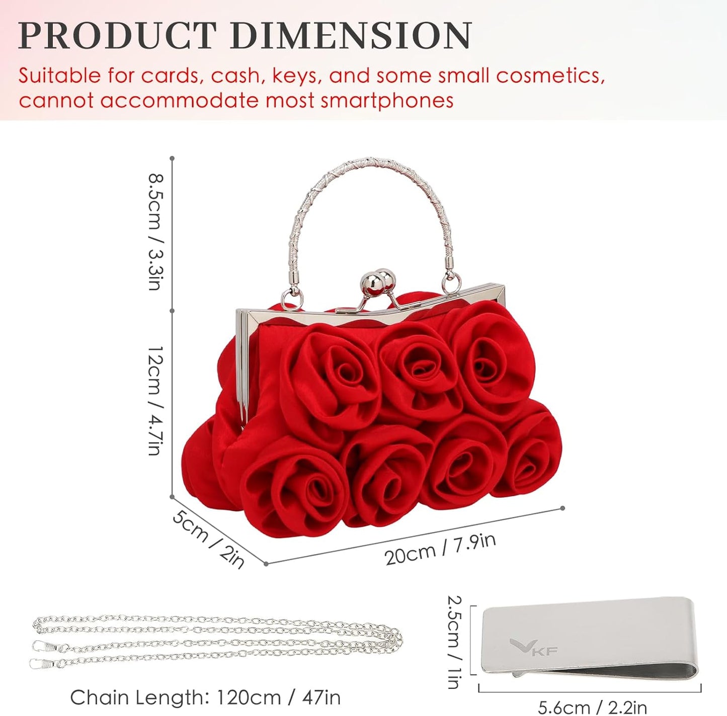 kilofly Missy K 7 Roses Clutch Purse, Satin, with Detachable Strap + kilofly Money Clip