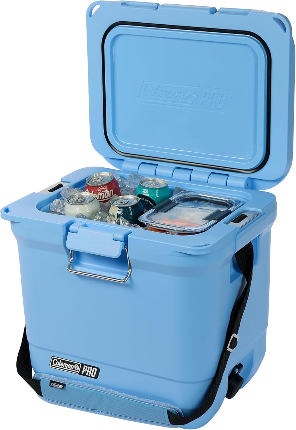Coleman Pro Heavy-Duty Ultra-Light Premium Hard Cooler, 92/74/36-Can Capacity, Extra-Thick Insulation Keeps Ice up to 5/4/3 Days, 55-Quart Wheeled Cooler or 45/25 qt (No Wheels), Blue Sky