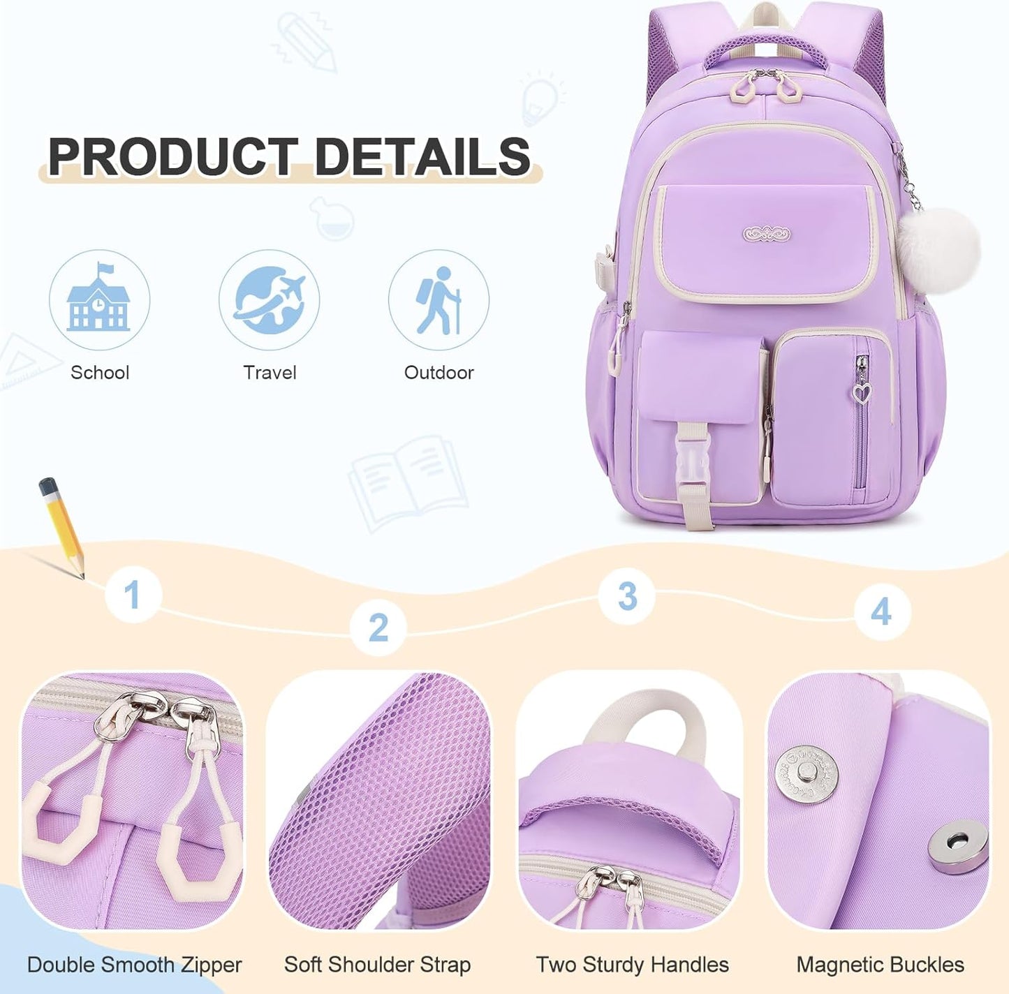 3PCS School Backpack for Girls with Lunch Box Pencil Pouch for Teen Girls Children Elementary Primary Middle High College Daypack School bag Bookbag Set Pink