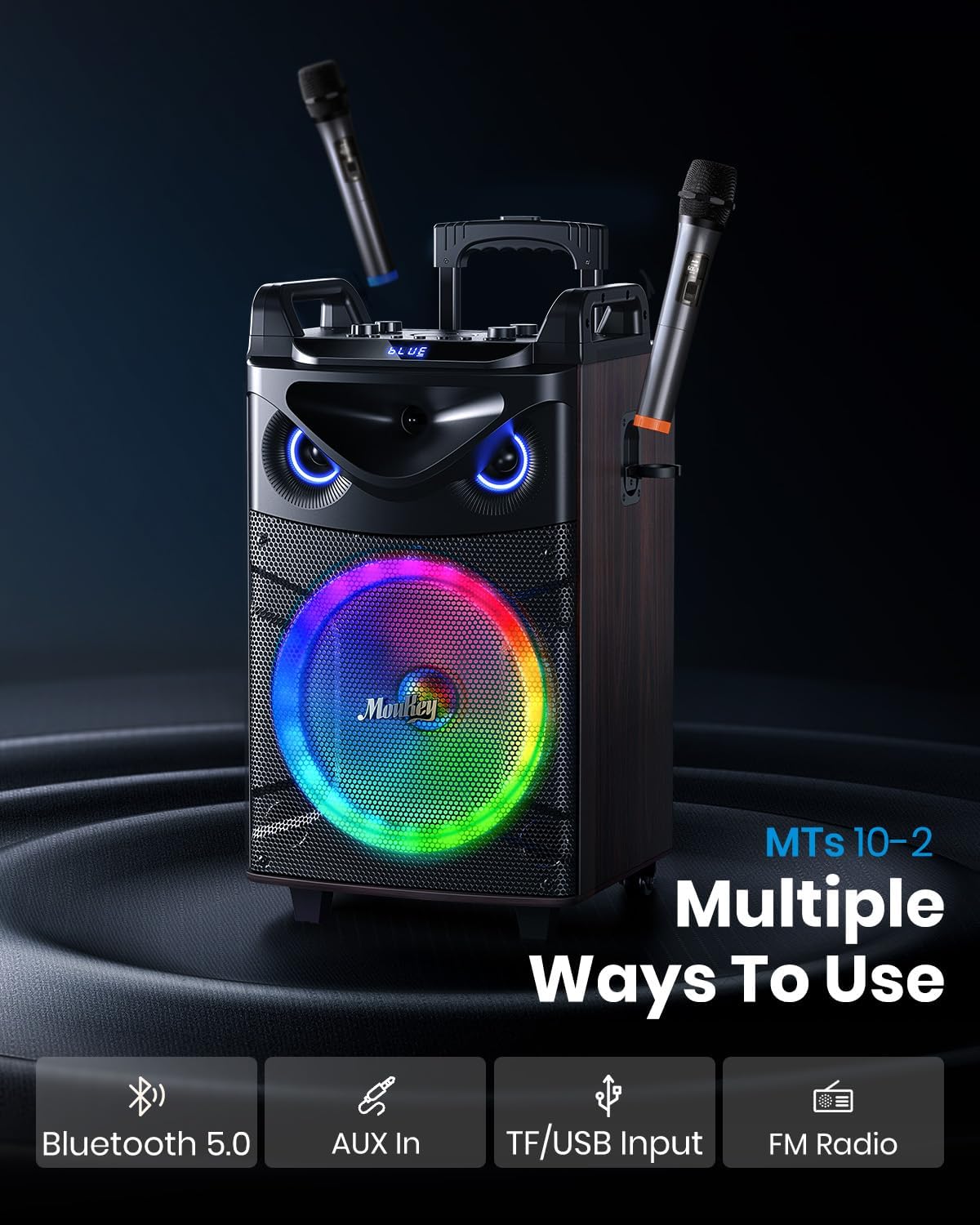 Moukey Karaoke Machine, 10" Woofer Portable PA System, Bluetooth Speaker with 2 Wireless Microphones, Lyrics Display Tablet Holder, Party Lights & Echo/Treble/Bass Adjustment Support REC/AUX/USB/TF