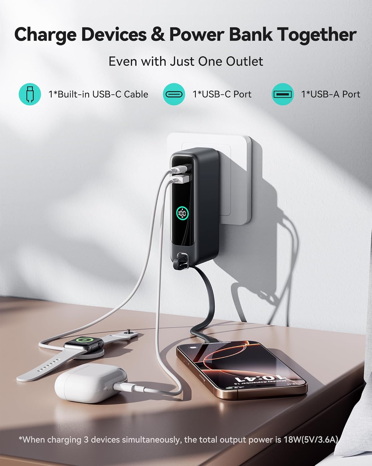 INIU 3-in-1 Power Bank, 30W 10000mAh Fast Charging Portable Charger, Built-in USB C Cable and Foldable AC Plug, Travel Outdoor Essentials Powerbank, Battery Pack for iPhone 16 15 Samsung S25 S24 etc