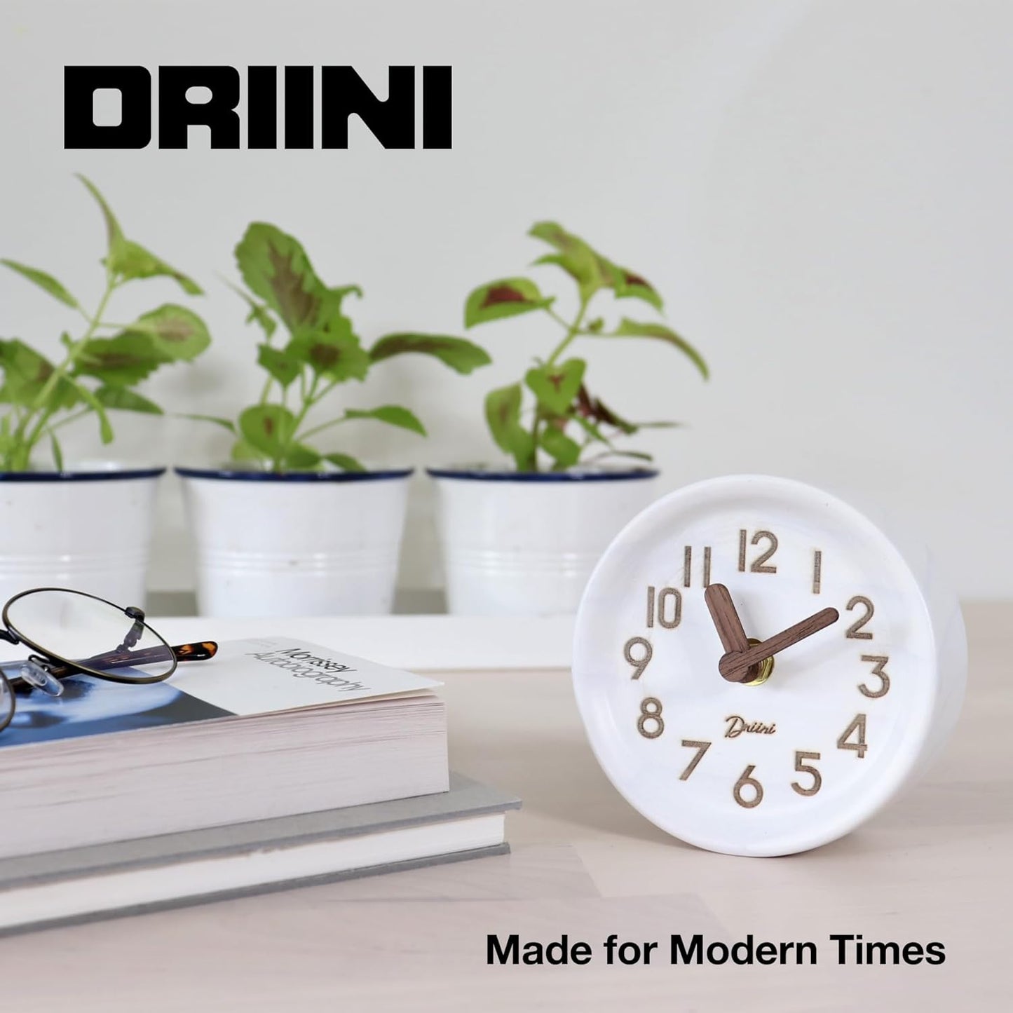 Driini Wooden Analog Desktop Clock – 4.3 in. Decorative Pinewood Clock, No-Tick Design – Easy to Read Silent Sweep Mantle Clock – Quiet Tabletop Clocks with Wood Body, Hands, & Battery Cover; Blue