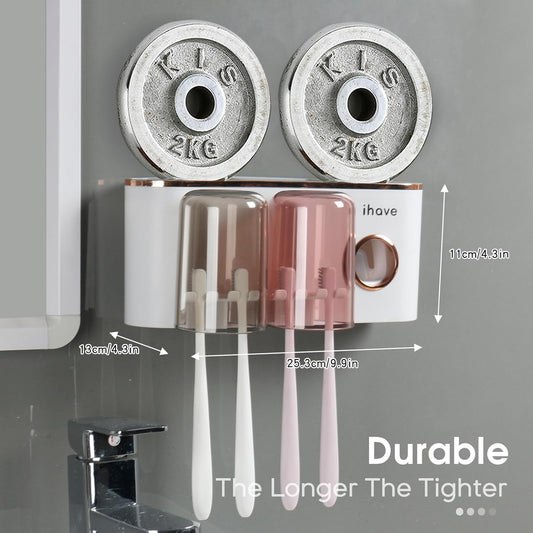 Wall-Mounted Toothbrush Holder with Toothpaste Dispenser and 2 Cups, Bathroom Organizer with Large Capacity Storage, White - PuriLite
