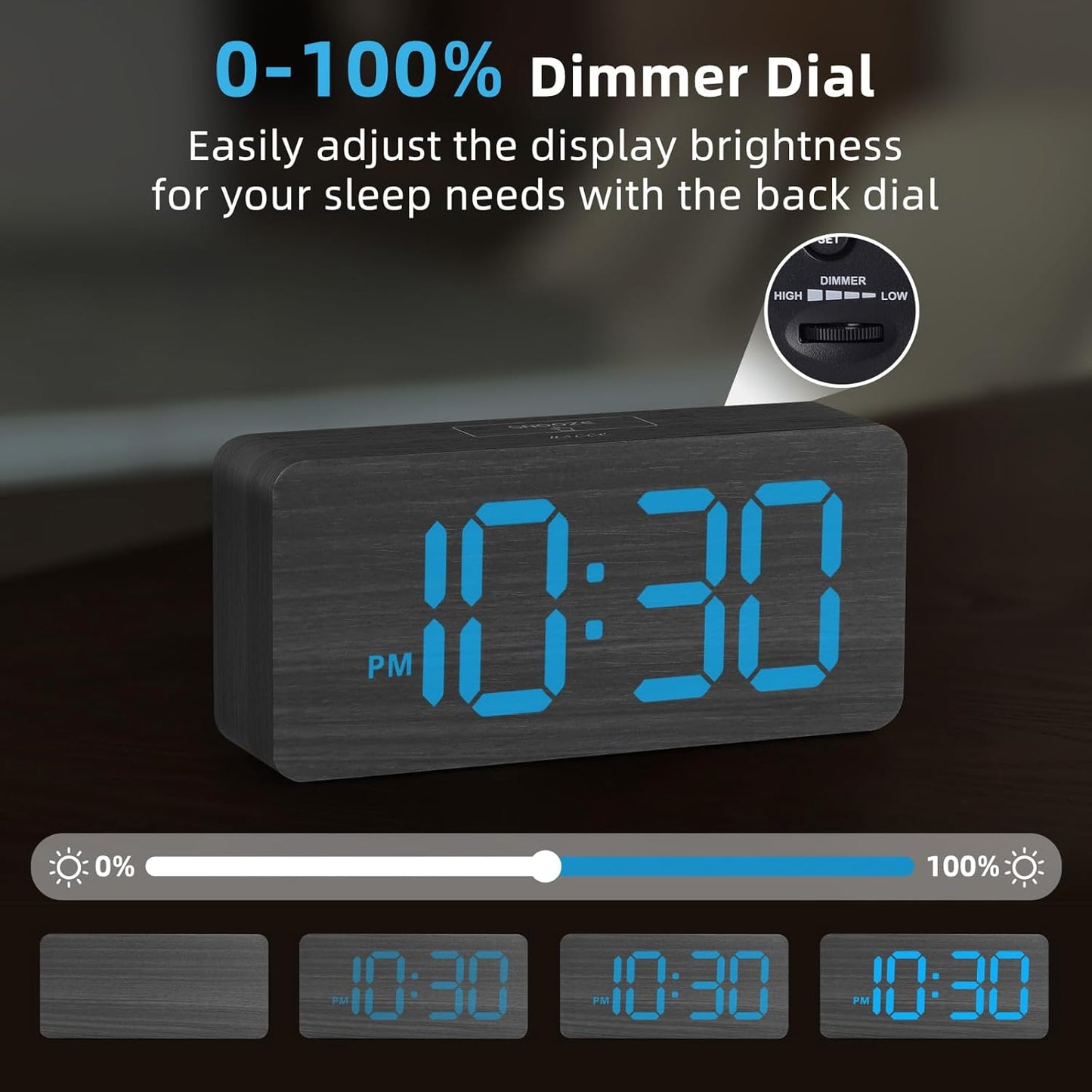 Purilite Select Wooden Digital Alarm Clock with Large LED Display