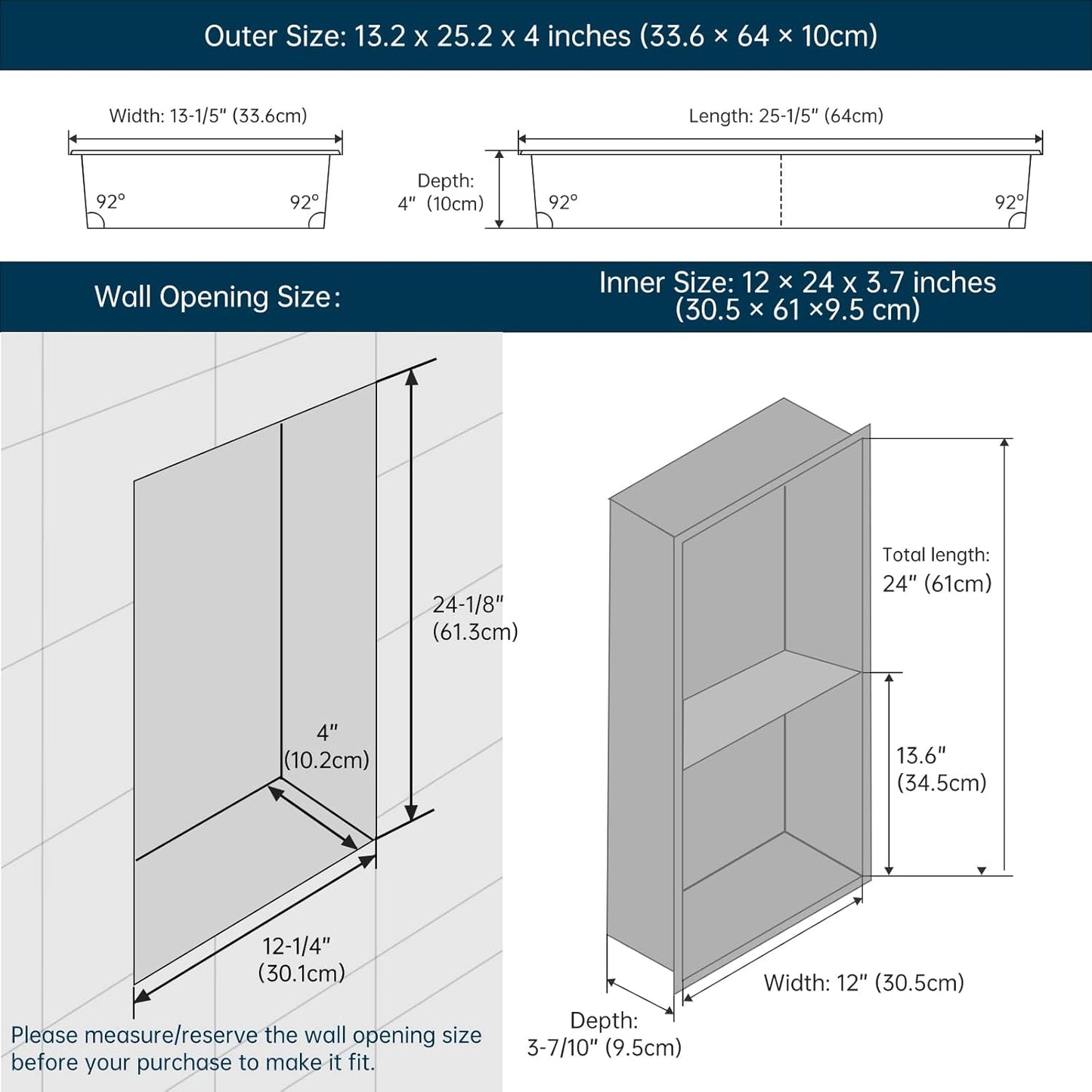 BLYLUND Shower Niche 12" x 24" NO Tile Needed,Matte Black Double Shelf Organizer, Square Corners Wall-Inserted Niche Recessed Shower Shelf Modern Soap Niche for Bathroom