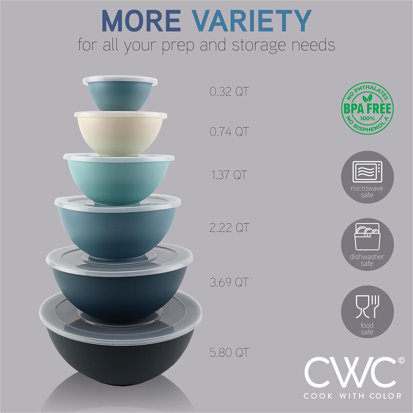 COOK WITH COLOR Mixing Bowls with TPR Lids - 12 Piece Plastic Nesting Bowls Set Includes 6 Prep Bowls and 6 Lids, Microwave Safe Mixing Bowl Set (Green)