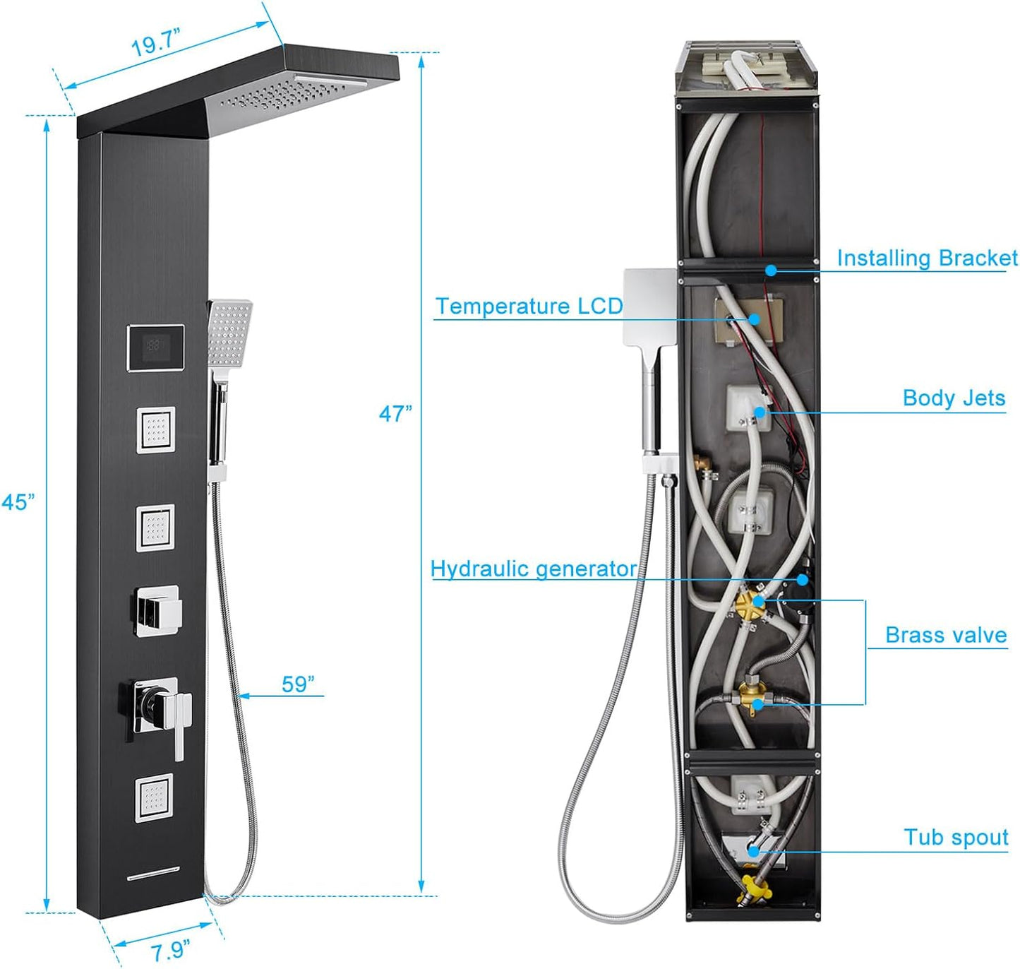 LED Shower Panel Tower System Black, MENATT 304 Stainless Steel 5-Function Shower Panel Rainfall Waterfall Shower Rain Massage System with Body Jets