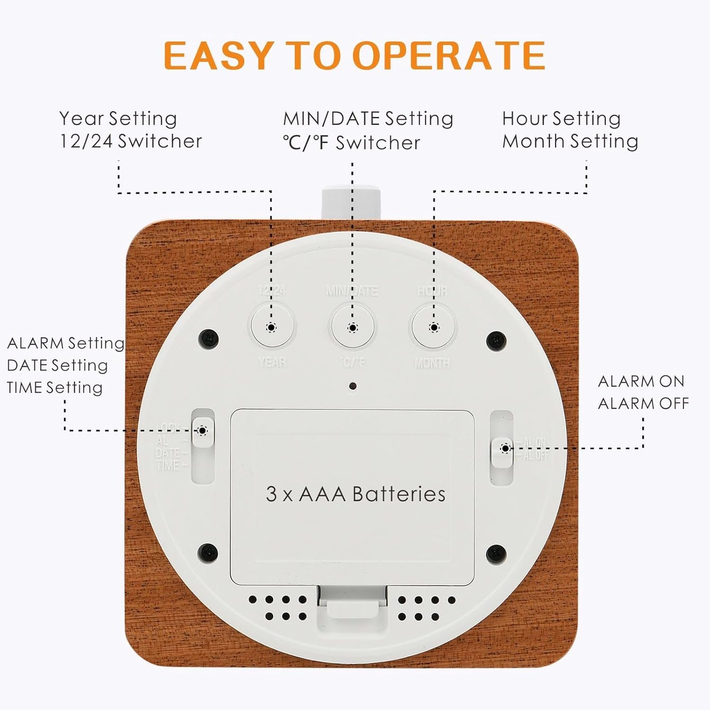 Plumeet Wooden Digital Alarm Clock for Bedrooms, Wood 4'' Battery Powered Alarm Clock with Snooze and Nightlight, Electronic LCD Desk Clock Display Time, Date, Temp, 12/24H, Wood Décor (Sapele, 3.2'')