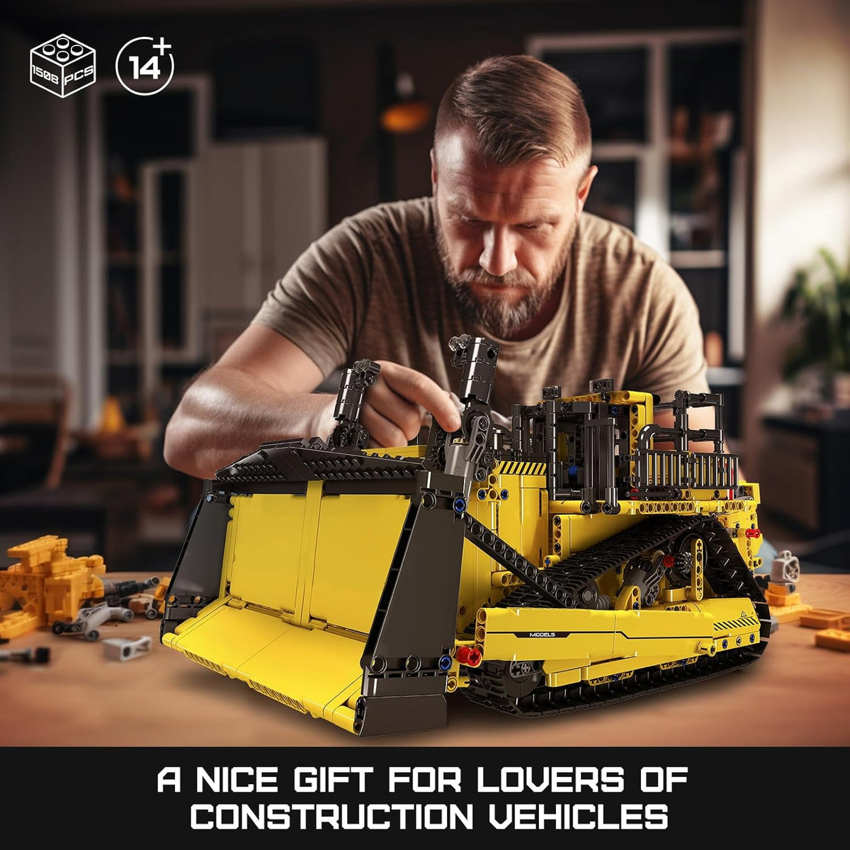 Remote Control Bulldozer Building Blocks Set – 1508-Piece STEM Engineering Construction Vehicle Kit for Adults, Motorized RC Model, Yellow - PuriLite