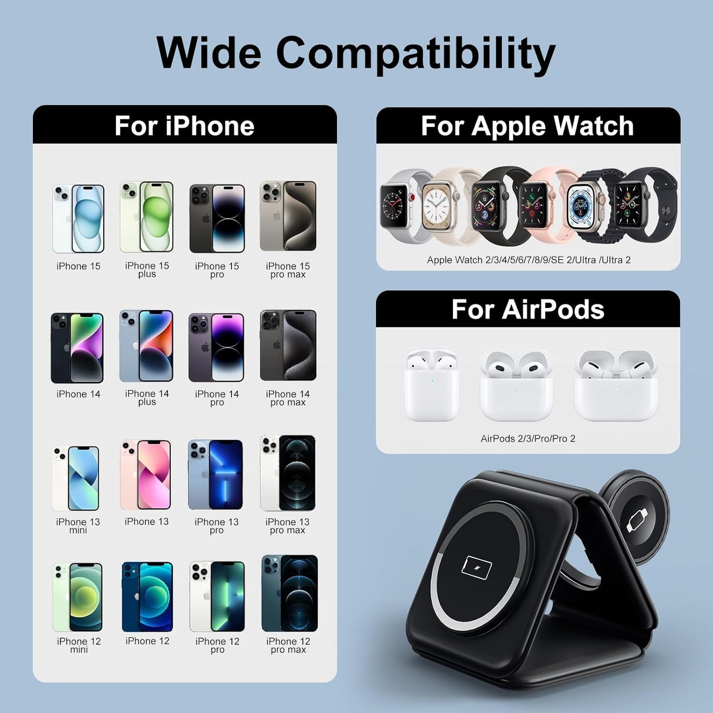 RTOPS 3 in 1 Wireless Charger for iPhone,W312 Fodable Charging Stations for Multiple Apple Devices, Fast Travel Charging Stand for iWatch, Airpod and iPhone 15 14 13 12 (Adapter Included)