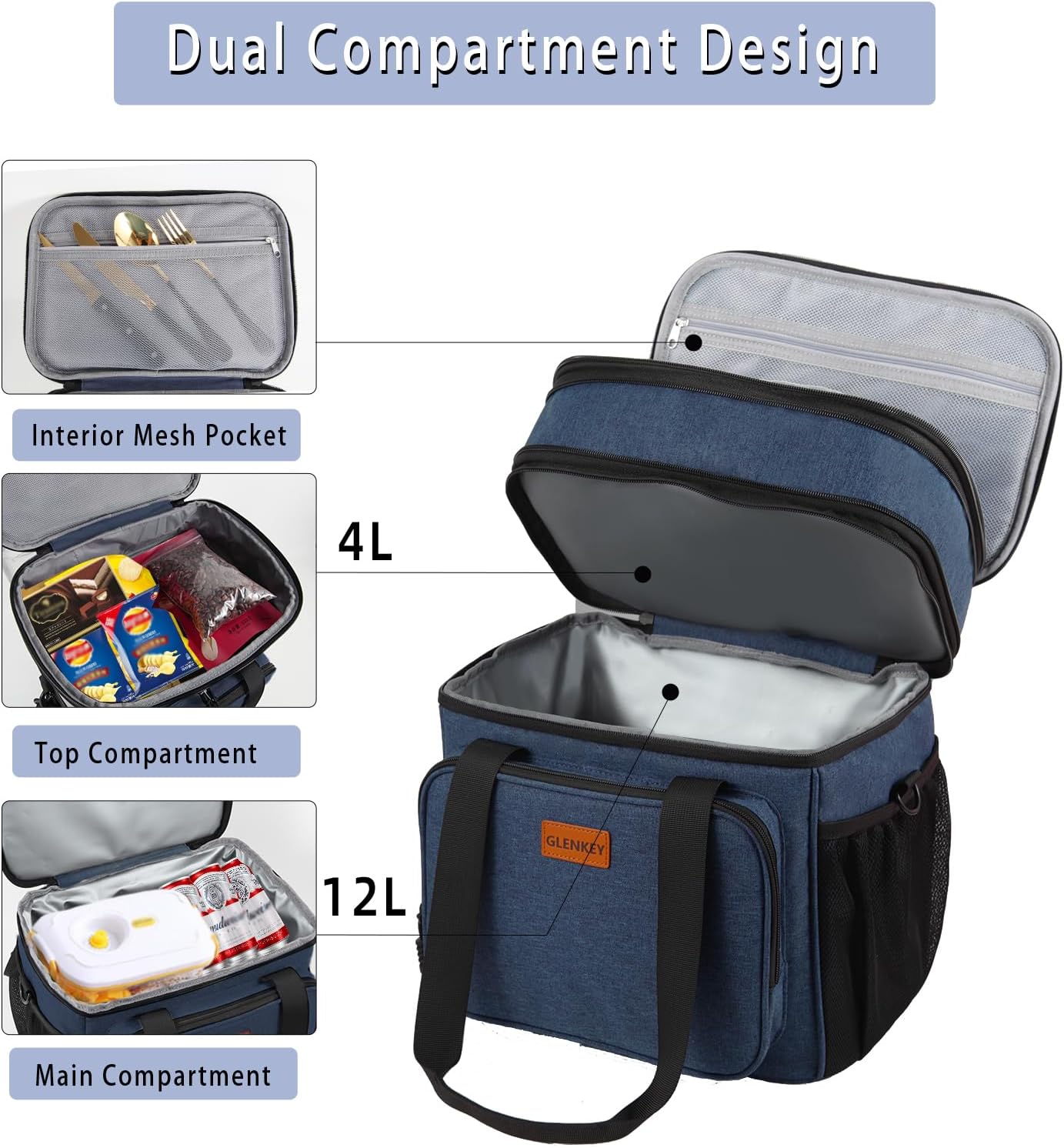 Expandable Large Lunch Bag, Double Deck Insulated Lunch Box Leakproof Durable Soft Cooler Bag for Men Women Adults Work Construction Beach Picnic Daytrip,16L,Black, GLENKEY