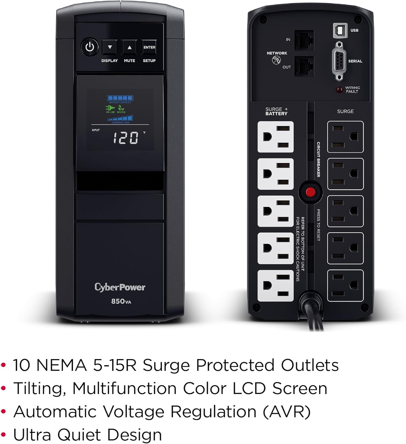 CyberPower CP1500PFCLCD PFC Sinewave UPS System, 1500VA/1000W, 12 Outlets, AVR, Mini Tower, Black