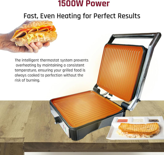 Sandwich Maker, Perborisy 4 Slice 1500w Panini Press Grill with Non-Stick Coated Plates 180-Degree Opening to Fit Any Food Size Stainless Steel Surface and Removable Drip Tray - PuriLite