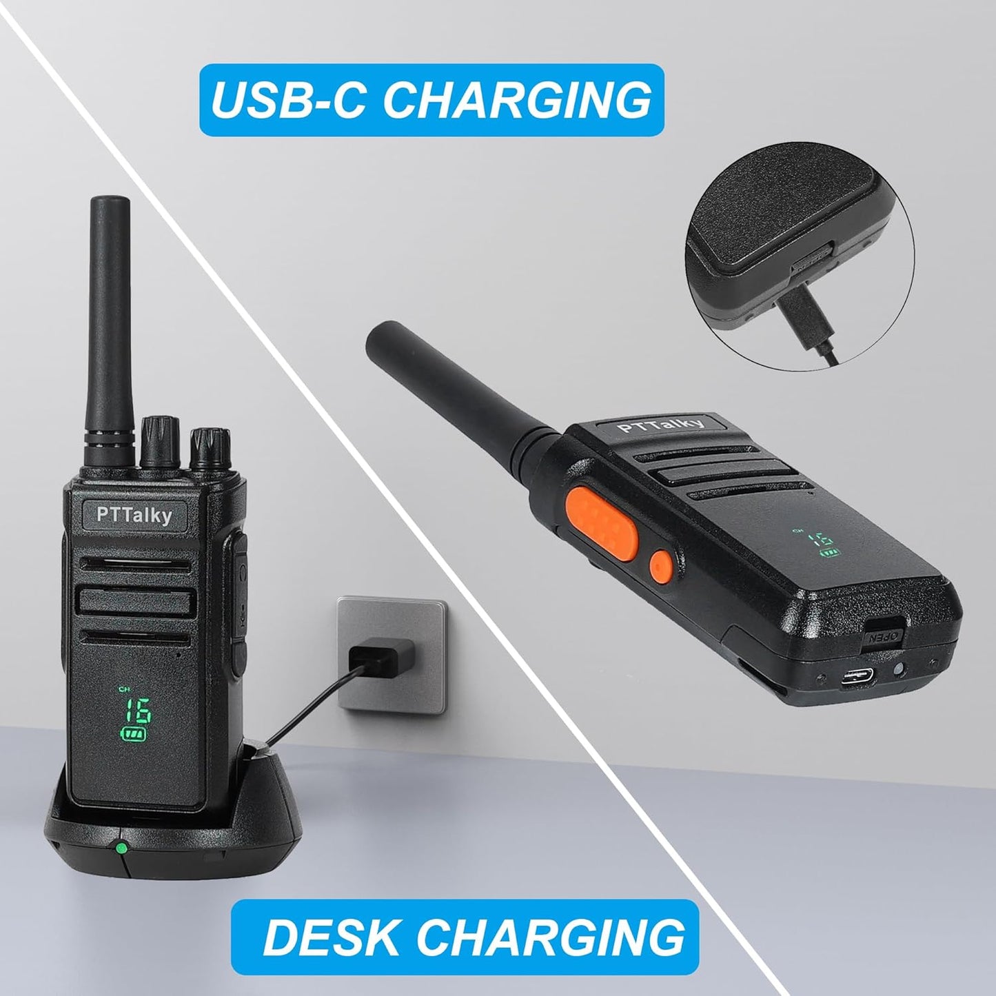 PTTalky FR1 Walkie Talkies for Adults Long Range, Rechargeable 2-Way Radio Walkie Talkie with Charge Cable Charger Dock for Hunting Commercial Cruises (2 Pack)