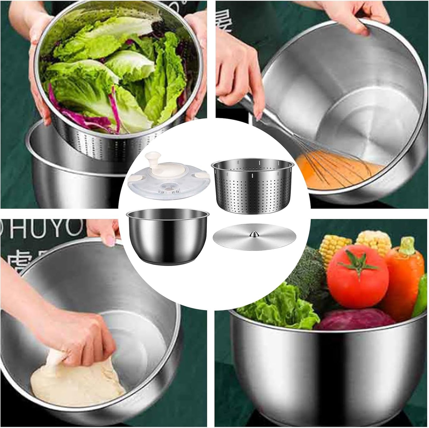 Salad Spinner Stainless Steel, Vegetables Wash Bowl Stainless Steel, 6L Salad Spinner Rotary Bowl with Drain for Restaurant Kitchen -Home Meal Prep Washing Accessories