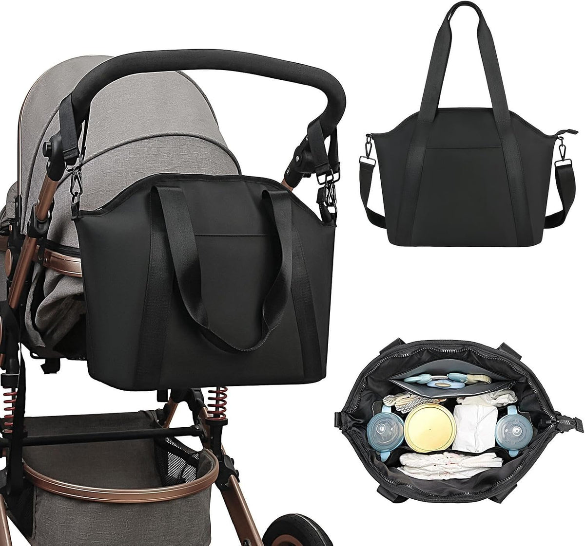 Black Stroller Diaper Bag | Large Capacity Faux Leather Organizer