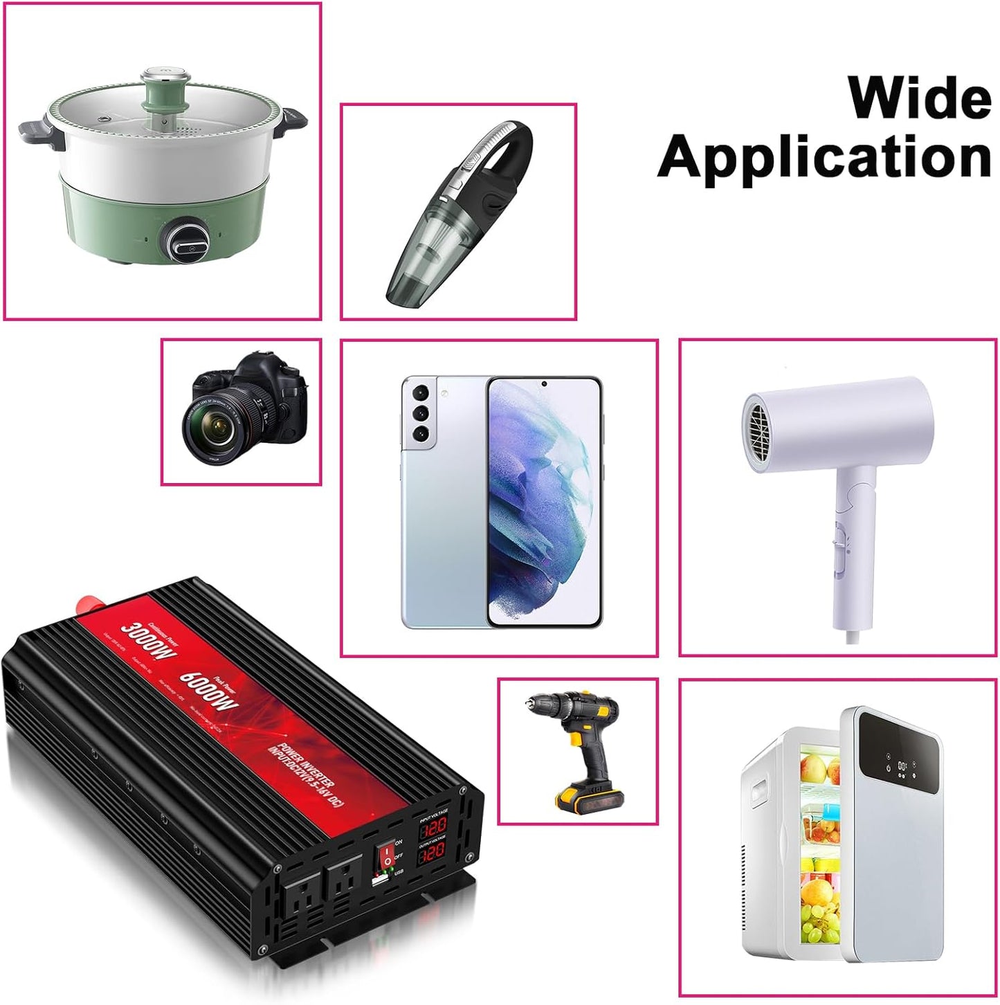 3000W Power Inverter,12V DC to AC 110V120V Peak Power 6000W with 2AC Outlets and 2.4USB Port,LCD Display Car Inverter for Outdoor Activities,Emergency