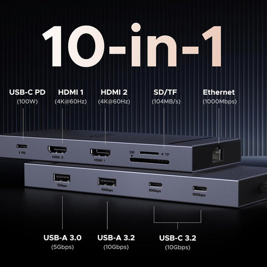 UGREEN Revodok Pro 2102, 10 in 1 Docking Station Dual 4K@60hz Monitor, USB C Hub with Dual HDMI, USB A&C 10G Hub, SD/TF Card Reader, PD 100W Charging, Gigabit Ethernet Port for Laptops - PuriLite