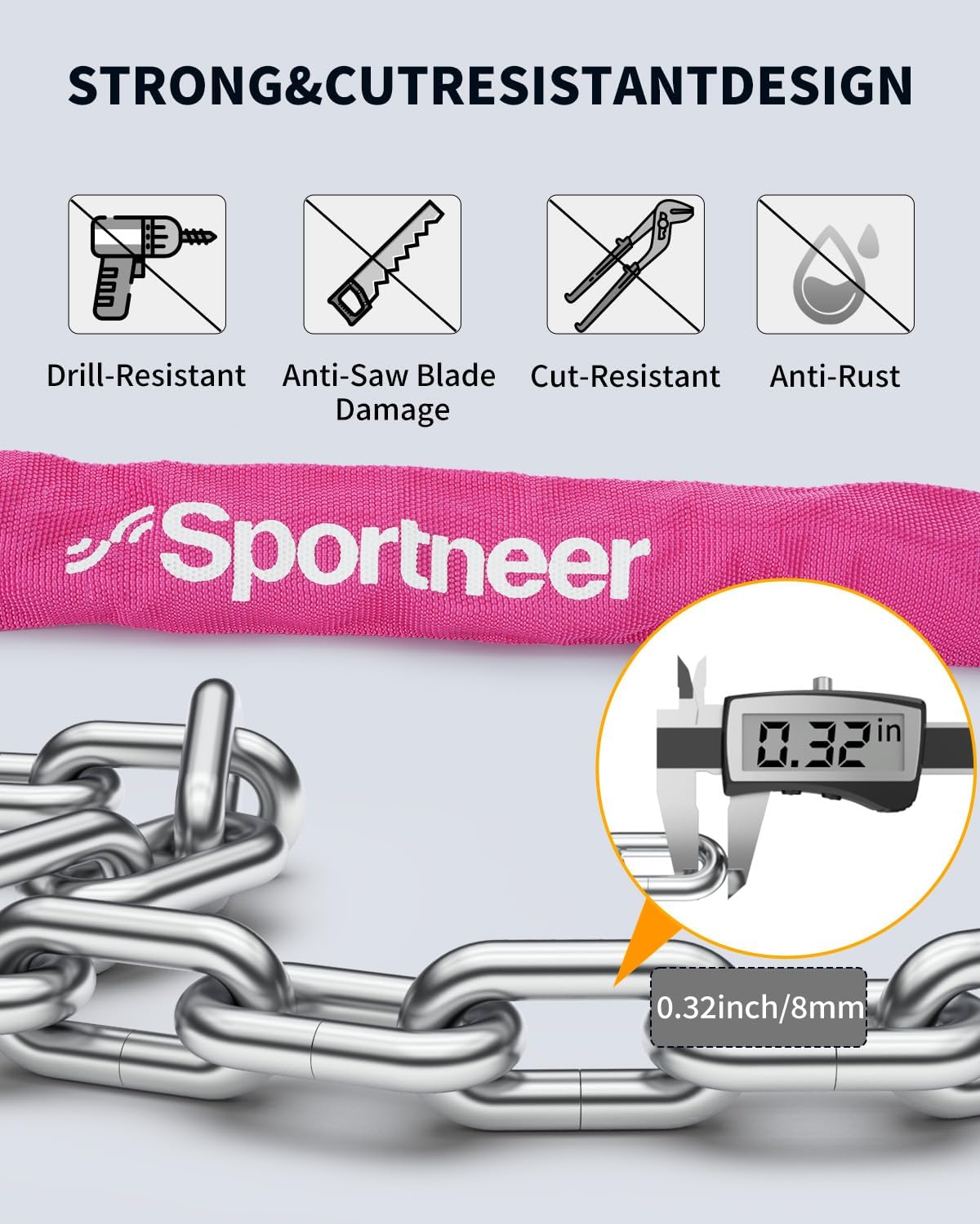 Sportneer Bike Lock Anti-Theft Bicycle Chain Lock Heavy Duty 0.32inch/8mm Thicker Motocycle Lock High Security with 2 Keys for Bike, Scooter, Moto, Door, Gate Fence