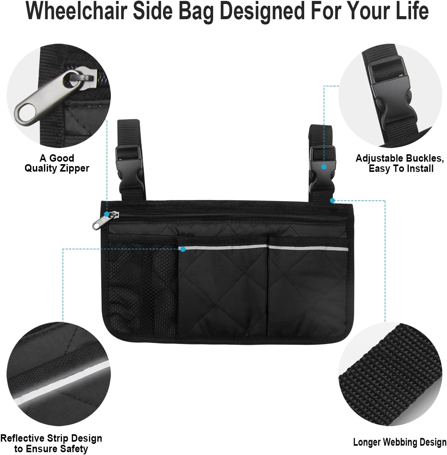Wheelchair Side Bag, Wheelchair Armrest Storage Pouch with Cup Holder and Reflective Strip for Wheelchairs, Walkers or Rollators (Black)