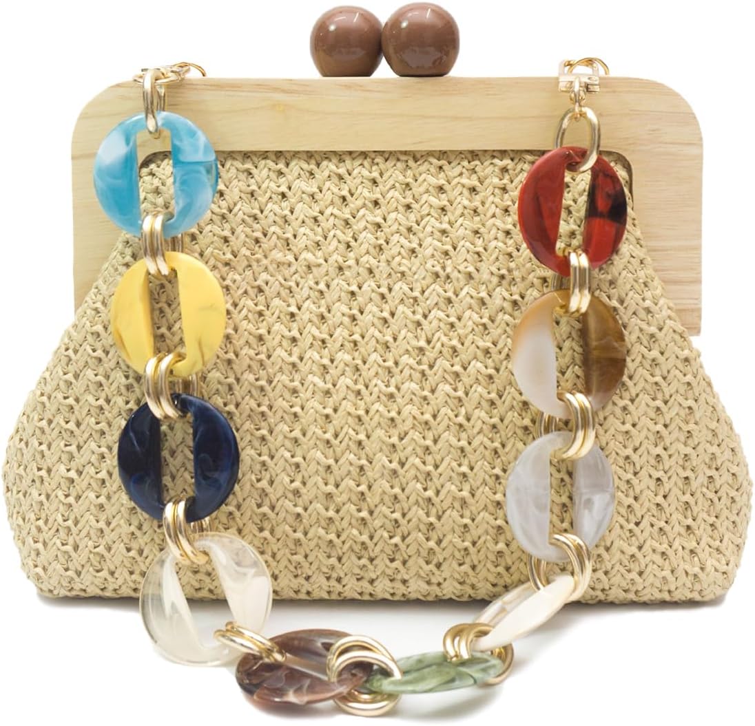 CORIOS Women Evening Bag Pleated Clutch Bag Wooden Beads Handbag Bridal Wedding Purse Elegant PU Leather Shoulder Bag