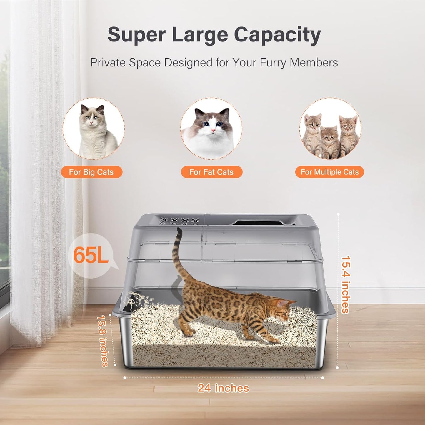 Stainless Steel Litter Box with Lid, XL Extra Large Enclosed Cat Litter Box for Big Cats 110° Flip Cover, Top Entry Metal High Sided Litter Box & Pedal & Scoop, Anti-Leakage (Grey)