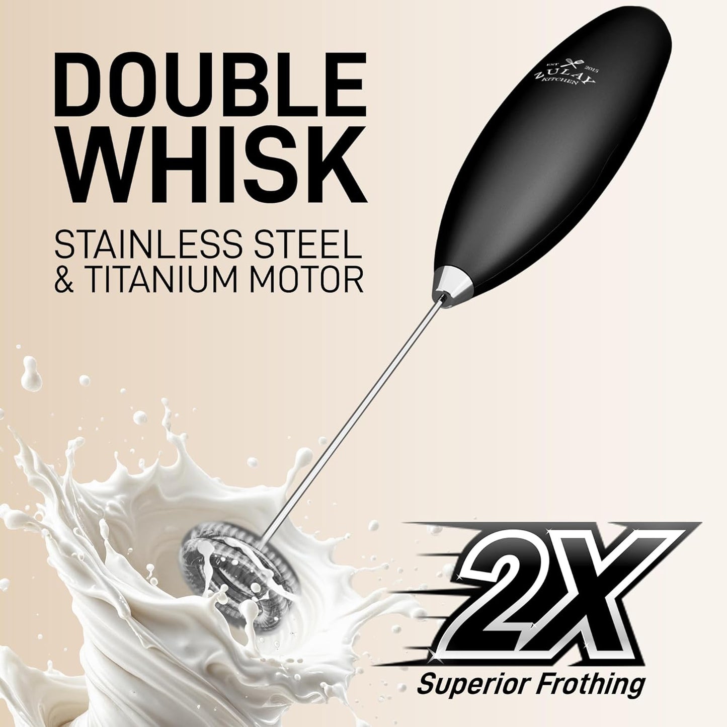 Zulay Kitchen Powerful Double Whisk Milk Frother Handheld - Foam Maker with Stand - Whisk Drink Mixer for Coffee, Mini Foamer for Latte, Matcha, Frappe, Hot Chocolate & Cappuccino (Black)