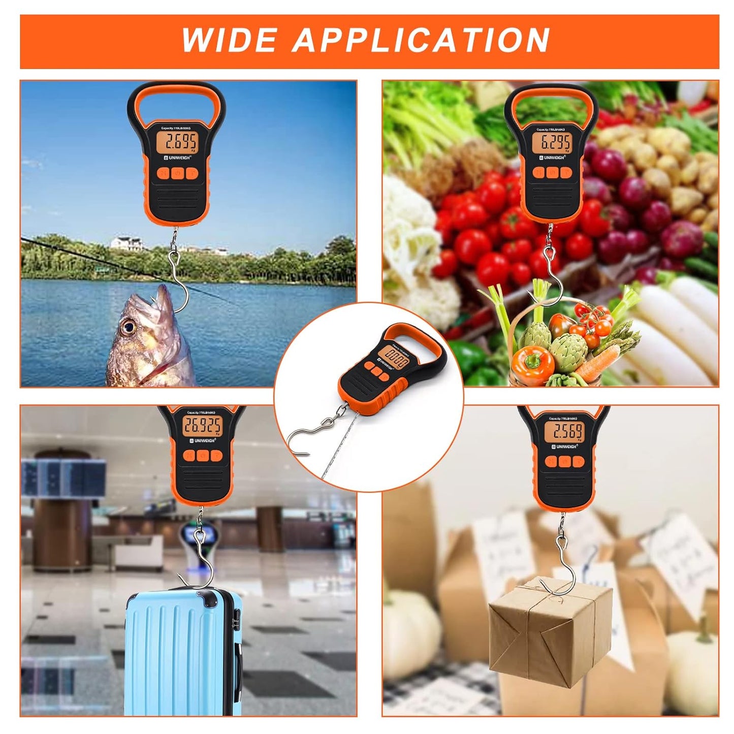 UNIWEIGH Digital Fish Scale Luggage Scale with Fish Lip Gripper, Backlight LCD Display 110lb/50kg Electronic Balance Digital Fishing Postal Hanging Hook Luggage Scale 2 AAA Batteries Included