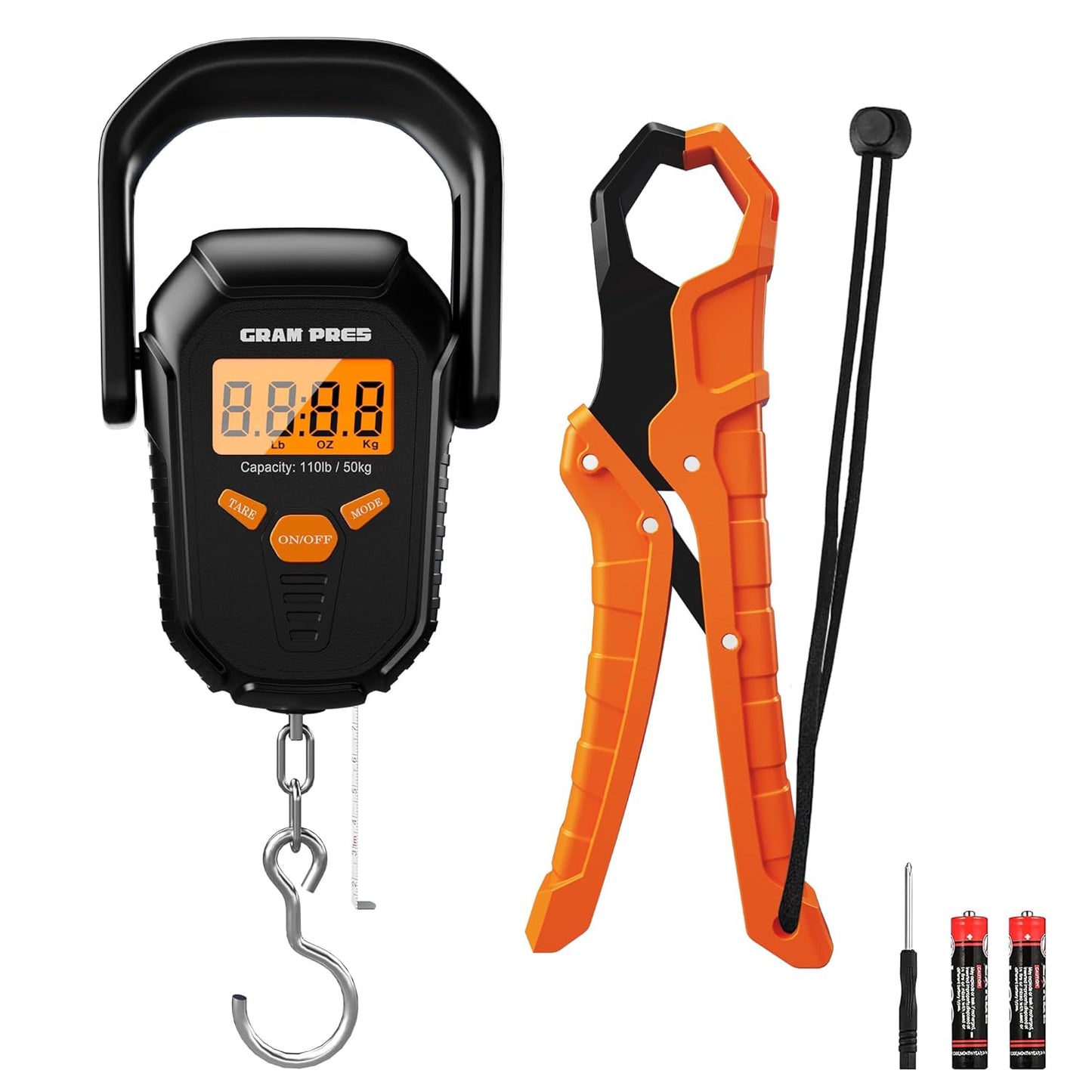 GRAM PRES Fish Scale 110lb/50kg,Digital Fishing Scale with Ruler,Electronic Portable Hanging Luggage Weight Scale with Hook and Fish Lip Gripper,Lb/oz/Kg Mode, Batteries Included