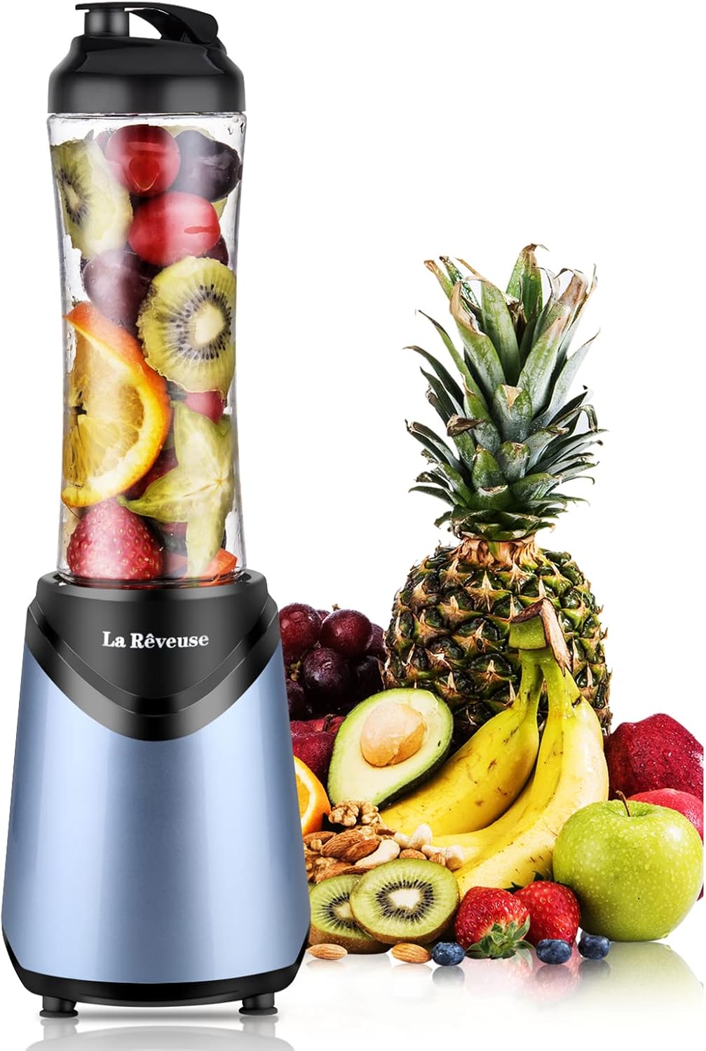 La Reveuse Smoothies Blender Personal Size 300 Watts with 2 Pieces 18 oz BPA Free Portable Travel Sports Bottles (Silver 2 Cups)