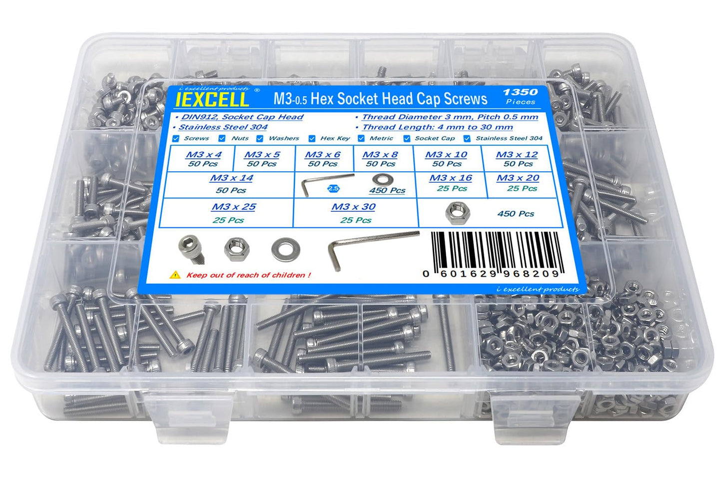 iexcell 25 Pcs M6 x 20mm Thread Pitch 1 mm Stainless Steel 304 Hex Socket Head Cap Screws Bolts Kit