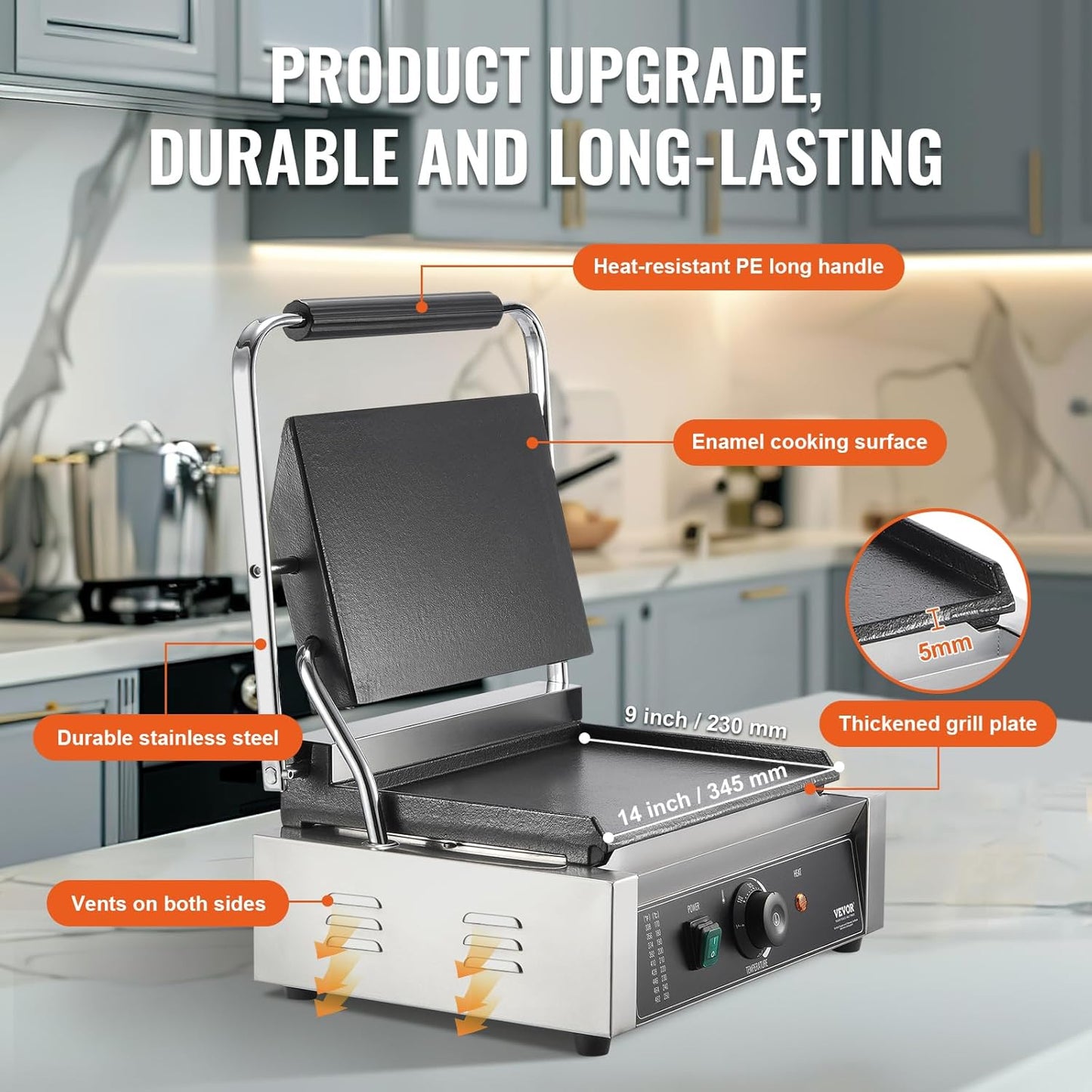 VEVOR 7 IN 1 Electric Contact Grill,1800W Indoor Panini Press Griddle,Stainless Steel Teppanyaki Grill with Nonstick&Removable Iron Plate, 0-446℉ Adjustable Temp Control,LCD Display,110V