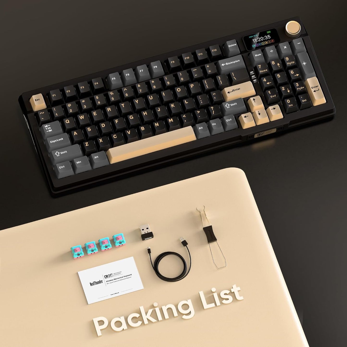 RedThunder K95 Wireless Mechanical Keyboard,TFT Screen & Knob, Tri-Mode BT5.0/2.4GHz/USB-C Hot Swappable Custom, Pre-lubed Linear Switches,Gasket Structure, RGB Gaming Keyboard for WIN/IOS, White-Blue