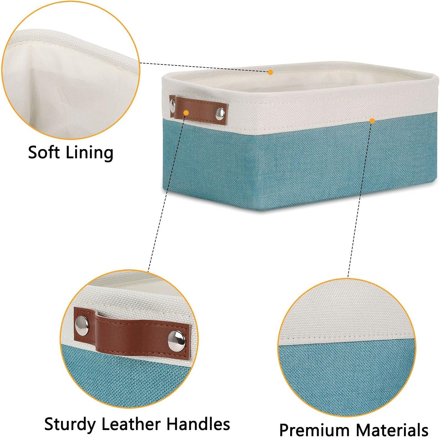 DULLEMELO Storage Baskets for Shelves, Fabric Collapsible Rectangular Storage Bins for Shelves, Closets, Nursery, Home, Office, Empty Gift Baskets (White&Teal)