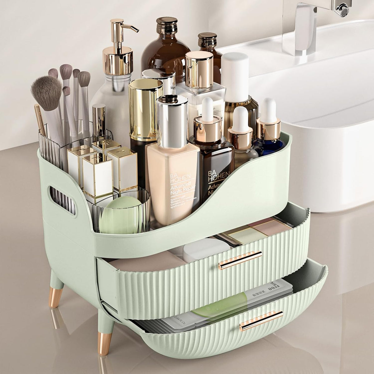 Makeup Organizer with Drawers and Handle – Large Skincare Storage Box for Vanity, Bathroom Countertop, and Dresser Display - PuriLite
