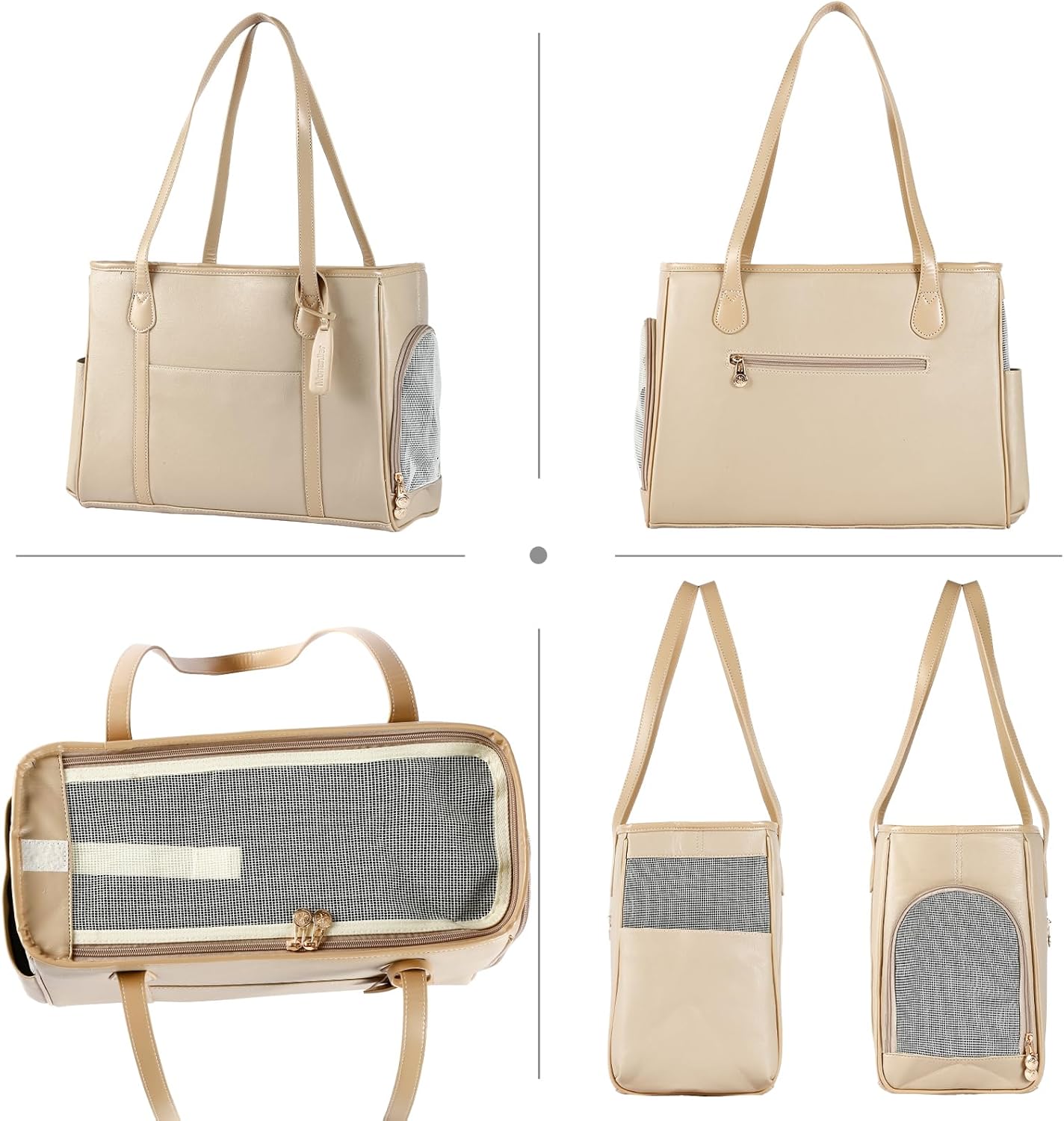 Monanller Stylish Dog Purse Carrier, Leather Pet Carrier Bag for Small Dogs Cats Puppy, Airline Approved Soft-Sided Carrier Beige
