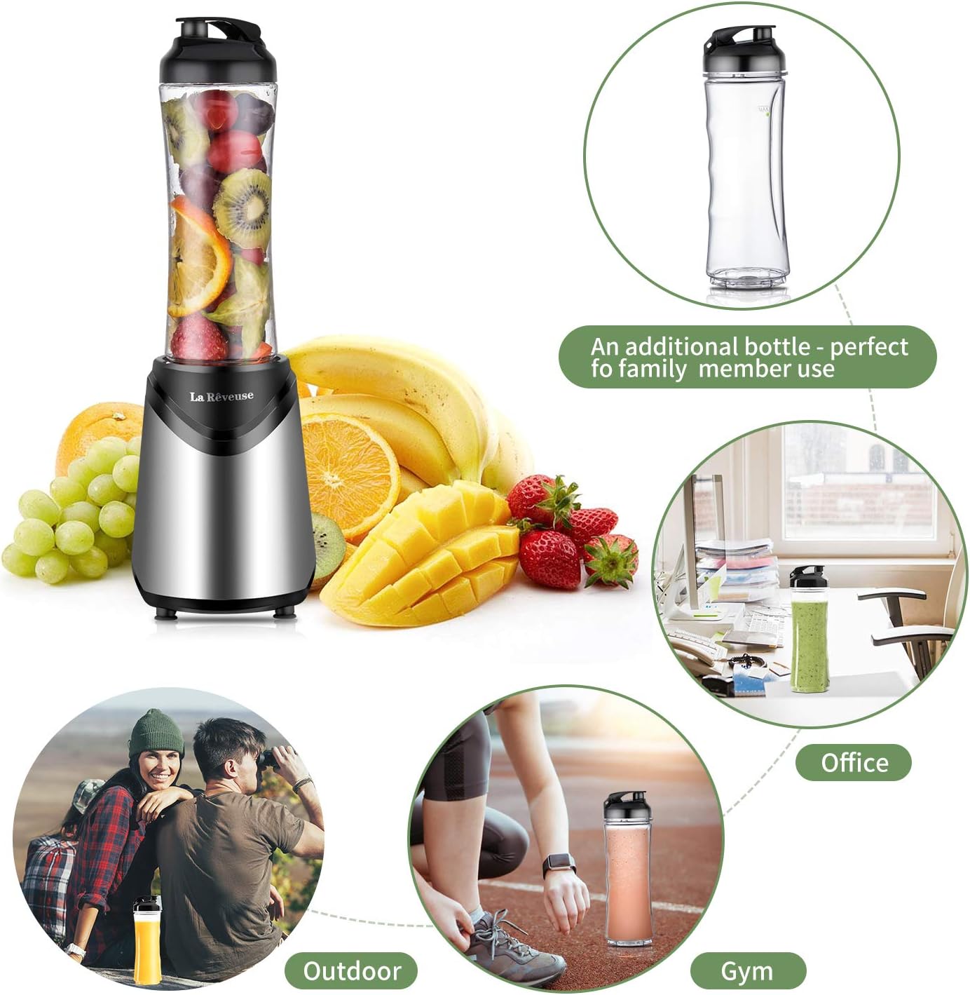 La Reveuse Smoothies Blender Personal Size 300 Watts with 2 Pieces 18 oz BPA Free Portable Travel Sports Bottles (Silver 2 Cups)