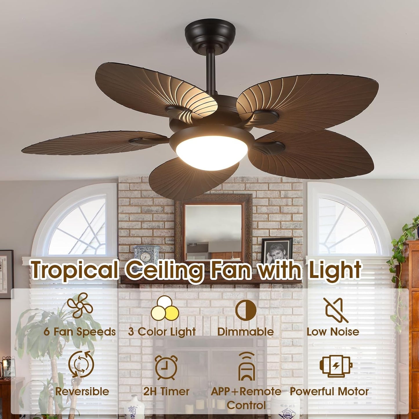 Wiviniya Ceiling Fans with Lights and Remote/APP Control, 44 Inch Tropical Palm Leaf Ceiling Fan with LED Lights, Outdoor Ceiling Fans for Patios Porch, Reversible Quiet Motor, Dimmable, Light Brown