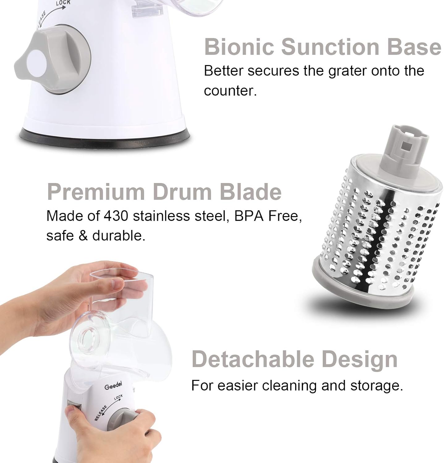 Geedel Kitchen Cheese Grater, Rotary Mandoline Vegetable Slicer with Interchangeable Blades, Easy to Use Rotary Grater Slicer for Fruit, Vegetables, Nuts