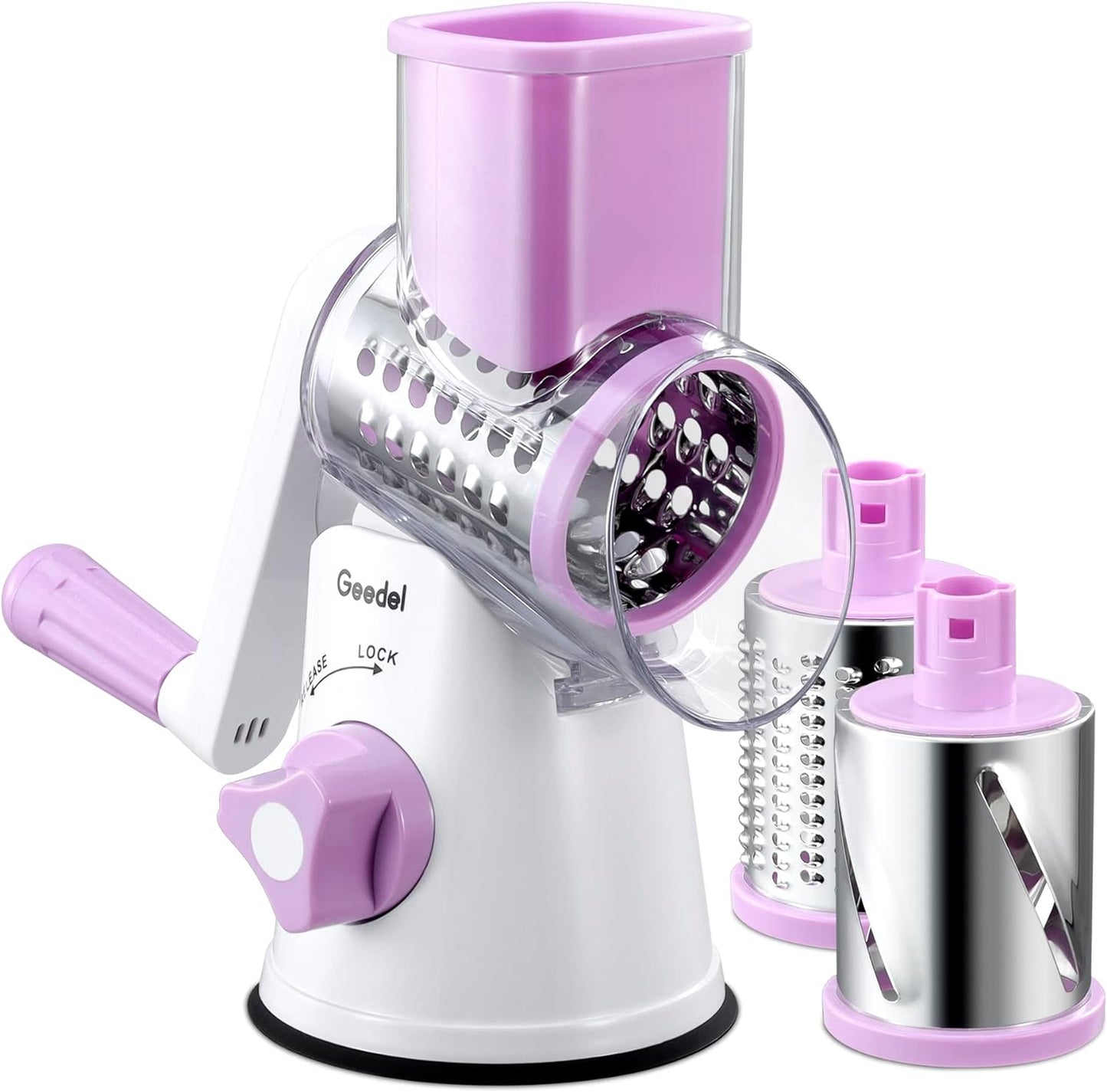 Geedel Kitchen Cheese Grater, Rotary Mandoline Vegetable Slicer with Interchangeable Blades, Easy to Use Rotary Grater Slicer for Fruit, Vegetables, Nuts