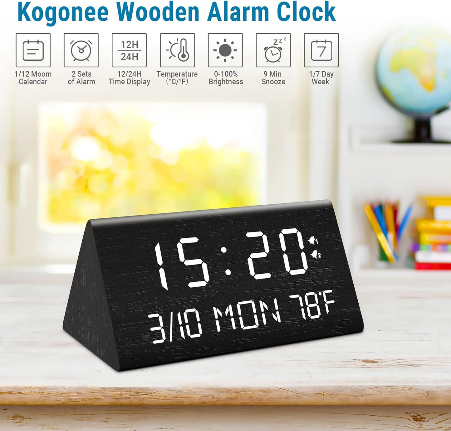 Kogonee Wooden Digital Alarm Clock, 0-100% Dimmer, 2 Alarm Settings, Weekday/Everyday Mode, 9 Mins Snooze, 12/24H, Temperature and Date Display for Office, Travel, Bedroom Alarm Clock (White)