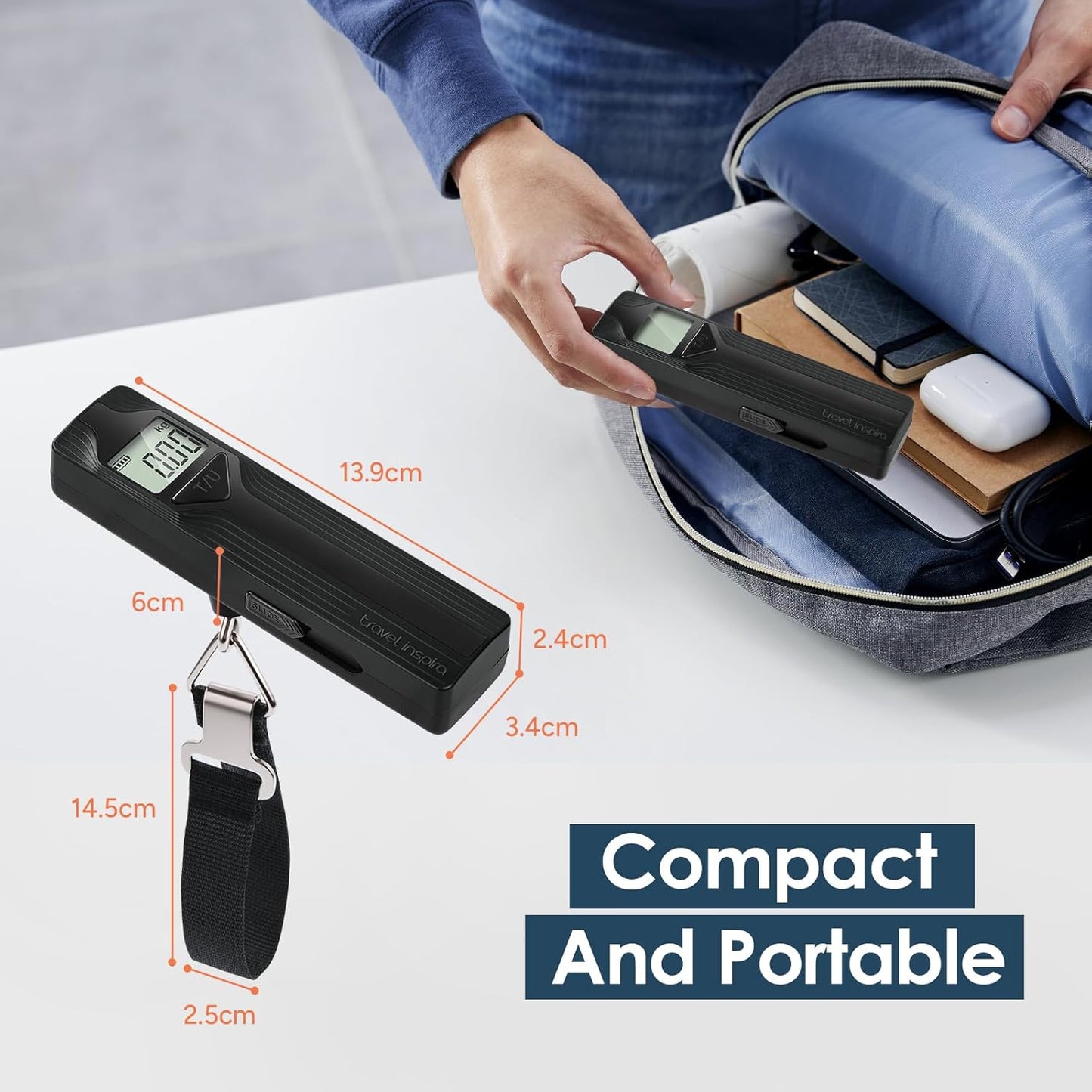 travel inspira Luggage Scale Battery-Free, Travel Essentials, Portable Handheld Digital Suitcase Weight Scale for for Travel Accessories, 110lbs/50kg (Gray)