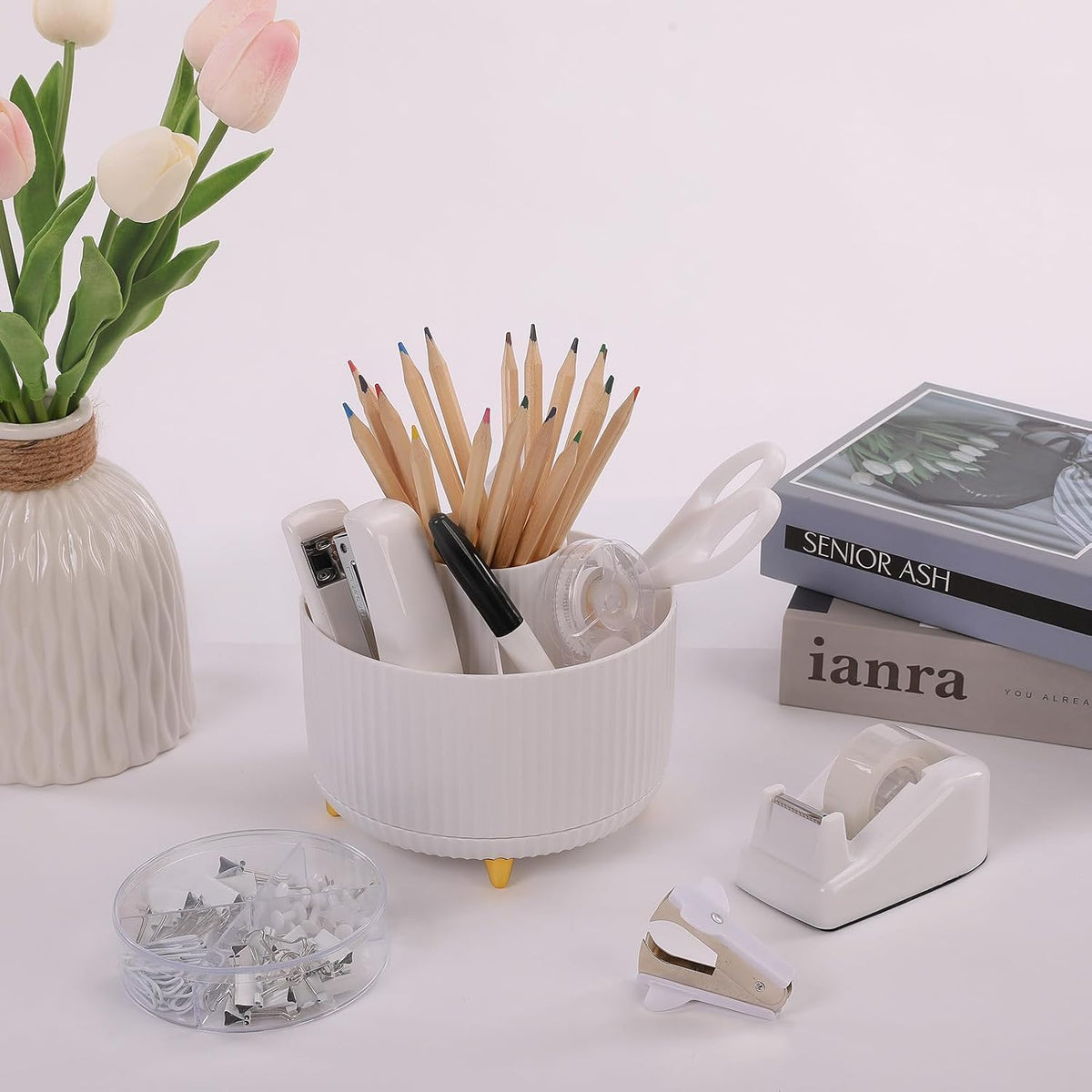 SKYDUE Office Desk Accessories 10PCS, White Office Supplies Set
