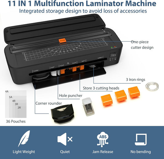Laminator Machine, 11 in 1 Laminating Machine with 36 Laminating Sheets, A4/Letter Size Desktop Thermal Laminator 2 Temperature Modes 3 Cutters Built-in Paper Trimmer for Office School Home