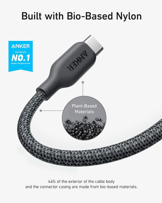 Anker USB C to USB C Cable (240W, 3 ft), Bio-Braided USB C Charger Cable, Fast Charge for MacBook Pro 2020, iPad Pro 2020, iPad Air 4, Samsung Galaxy S23+/S23 Ultra, Pixel(USB 2.0) (Phantom Black) - PuriLite