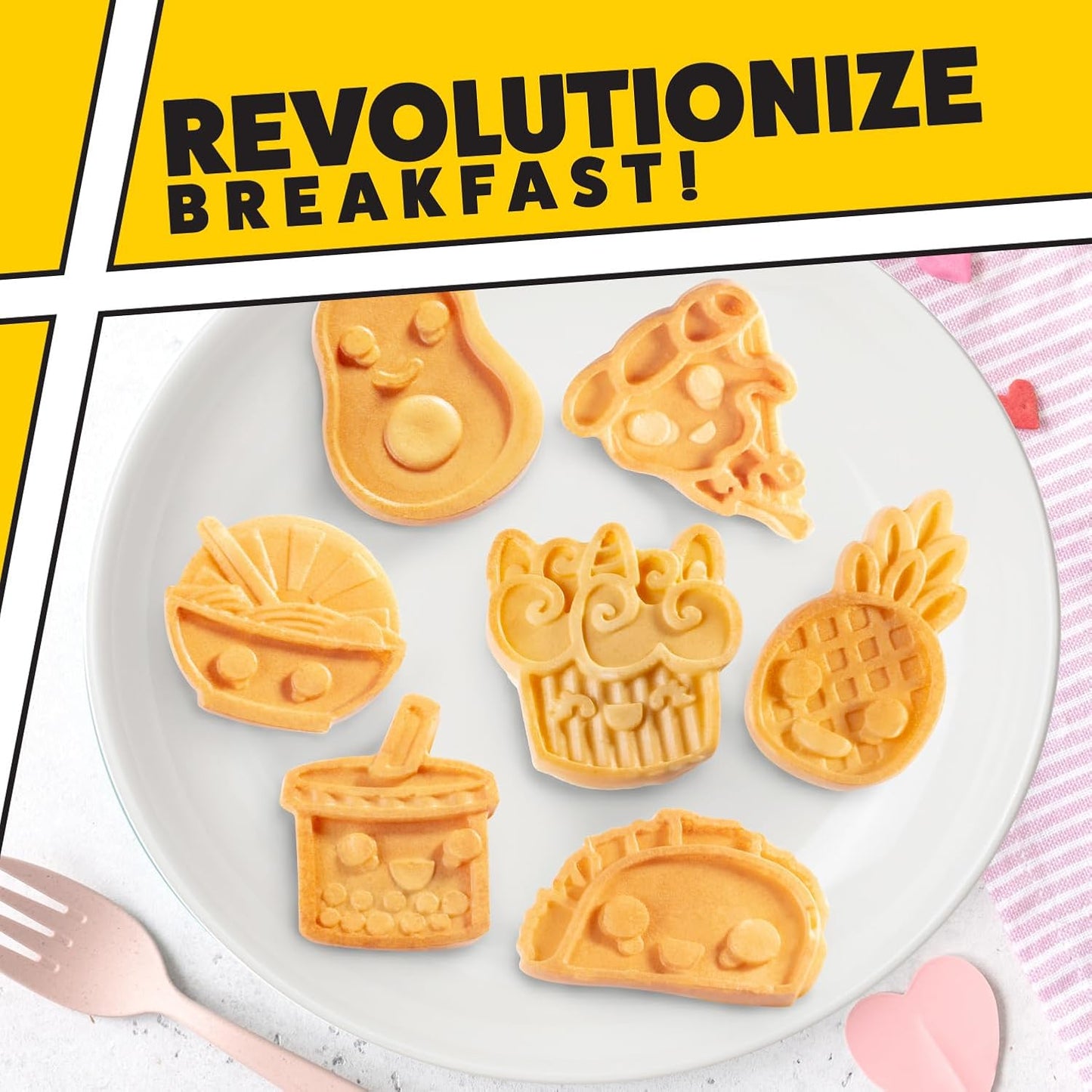 Kawaii Fun Snacks Mini Waffle Maker - 7 Different Food Emoji Designs Featuring an Avocado, Pizza, Ramen, Taco & More - The Cool Electric Waffler Gift for Amazing Kid's Breakfasts and Holiday Gifts
