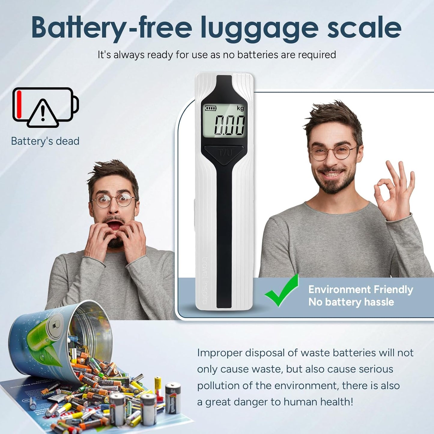 travel inspira Luggage Scale Battery-Free, Travel Essentials, Portable Handheld Digital Suitcase Weight Scale for for Travel Accessories, 110lbs/50kg (Gray)