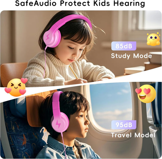 Kids Headphones, Wired Headphones for Kids Over Ear with Microphone, 85/94dB Volume Limiter Headphones for Girls Boys with Sharing Jack, Foldable Headphones for Online Study, Gradient Deep Pink - PuriLite