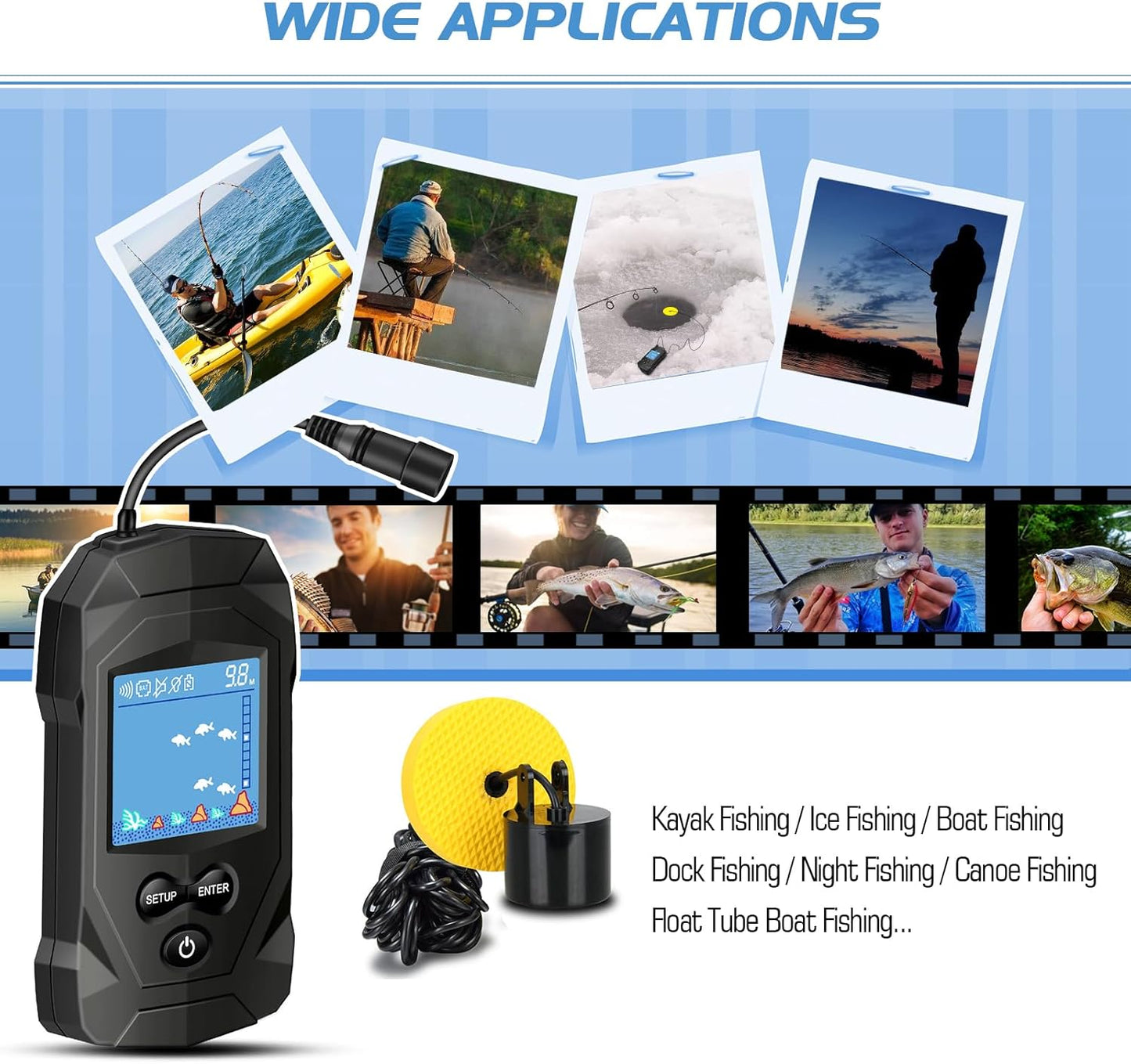 Atibin Portable Water Fish Finder Transducer Wired Handheld Depth Finder Sonar LCD Display Fish Finders Kayak FF068
