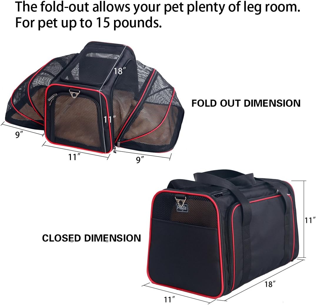 Petsfit Expandable Cat Dog Carrier Airline Approved, 17" L x 11" W x 11" H Soft-Sided Portable Pet Travel Carrier for Kitten, Puppy, Removable Soft Plush Mat and Pockets, Auto-Locking Zippers